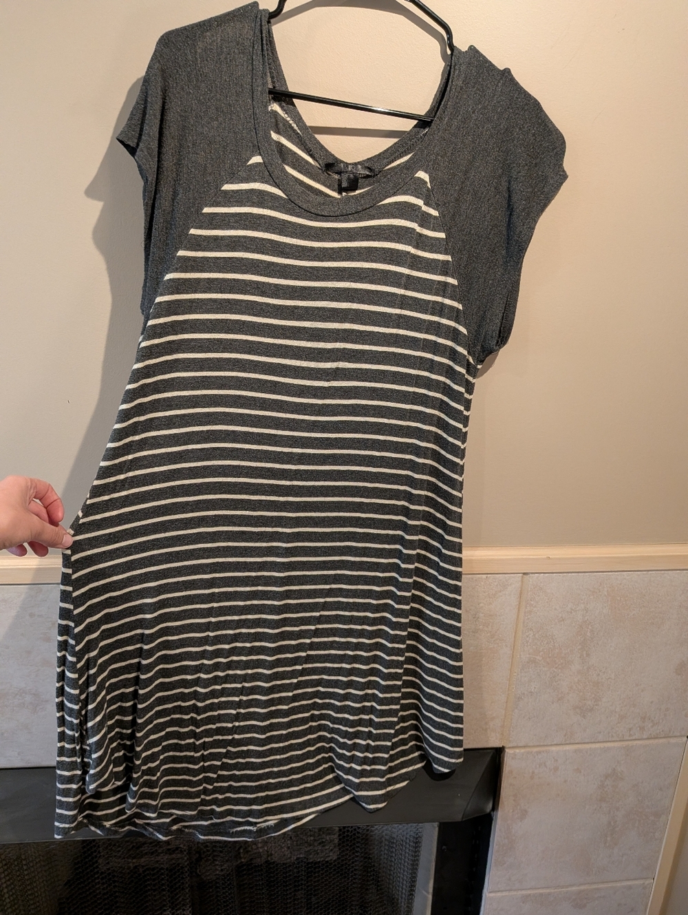 5th & Love, Short Sleeve Casual Cotton Blend Dress, Grey Striped, XL